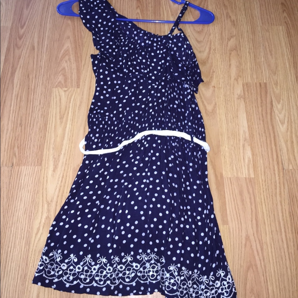 Navy blue poka dot one shoulder dress